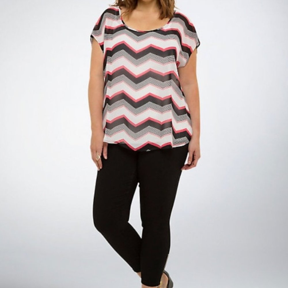 Torrid Chevron Button Back Scoop Neck Sheer Cap Sleeve Classic Blouse Top